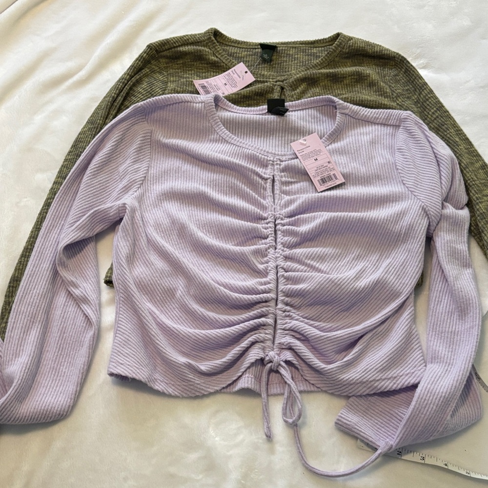 Wild Fable Ribbed Ruched Long Sleeve Tops - Lavender and Olive